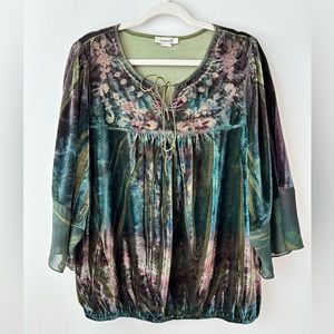 One World Green Velvety Peasant Blouse in Iridescent Peacock Vibes 3X
